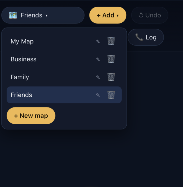 The map switcher showing several independent maps: My Map, Business, Family, Friends
